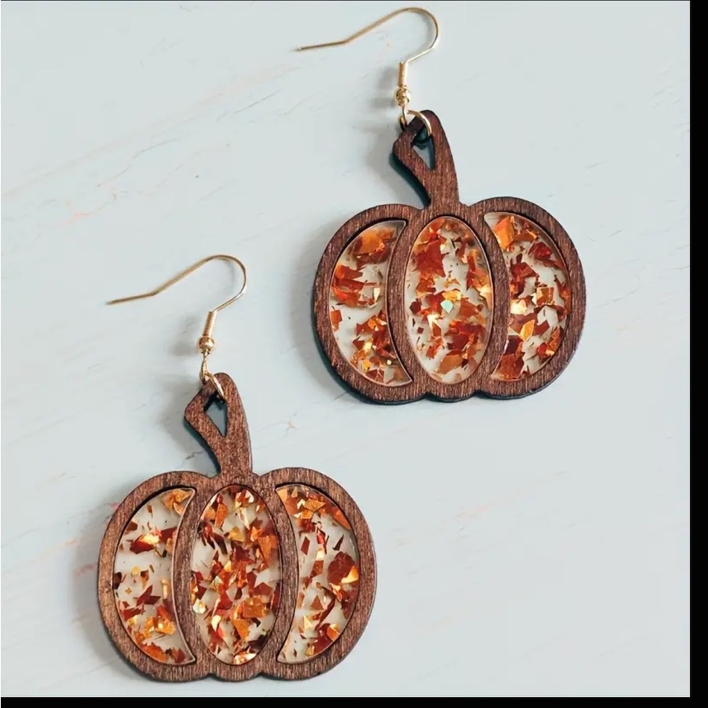 Wooden Pumpkin Drop Earrings with Acrylic Glitter, Minimalist Style NWT